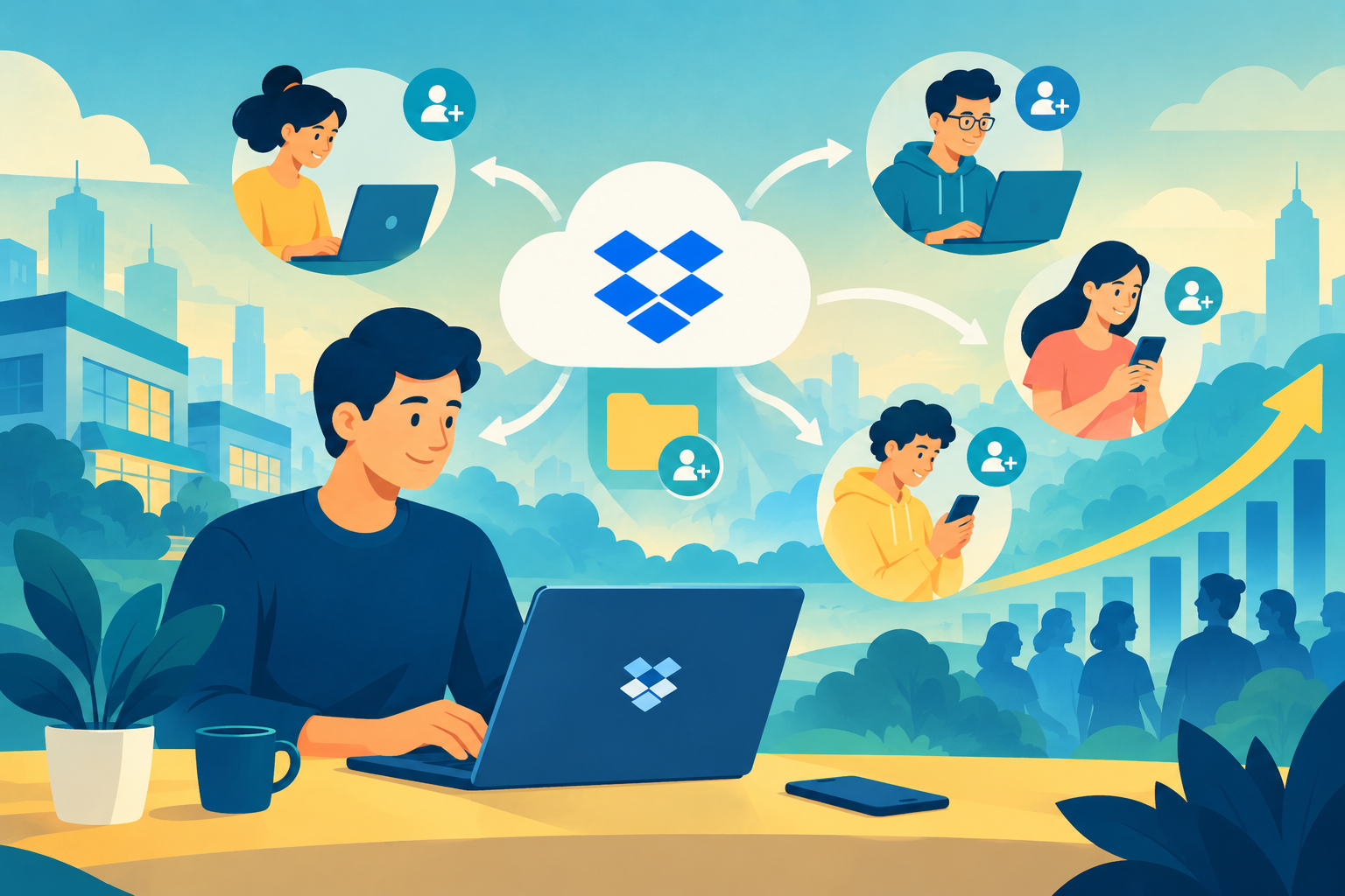 Illustration of a computer screen showing a Dropbox progress bar and extra free storage space, representing successful referral marketing