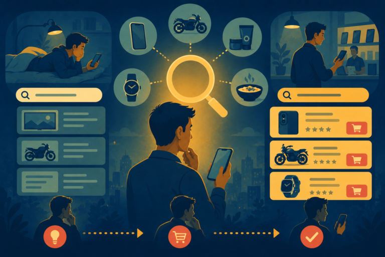 Illustration of a consumer typing a highly specific product request into a smartphone, representing search intent and buyer readiness