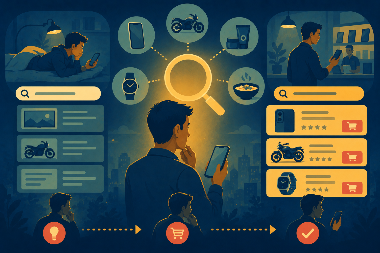Illustration of a consumer typing a highly specific product request into a smartphone, representing search intent and buyer readiness