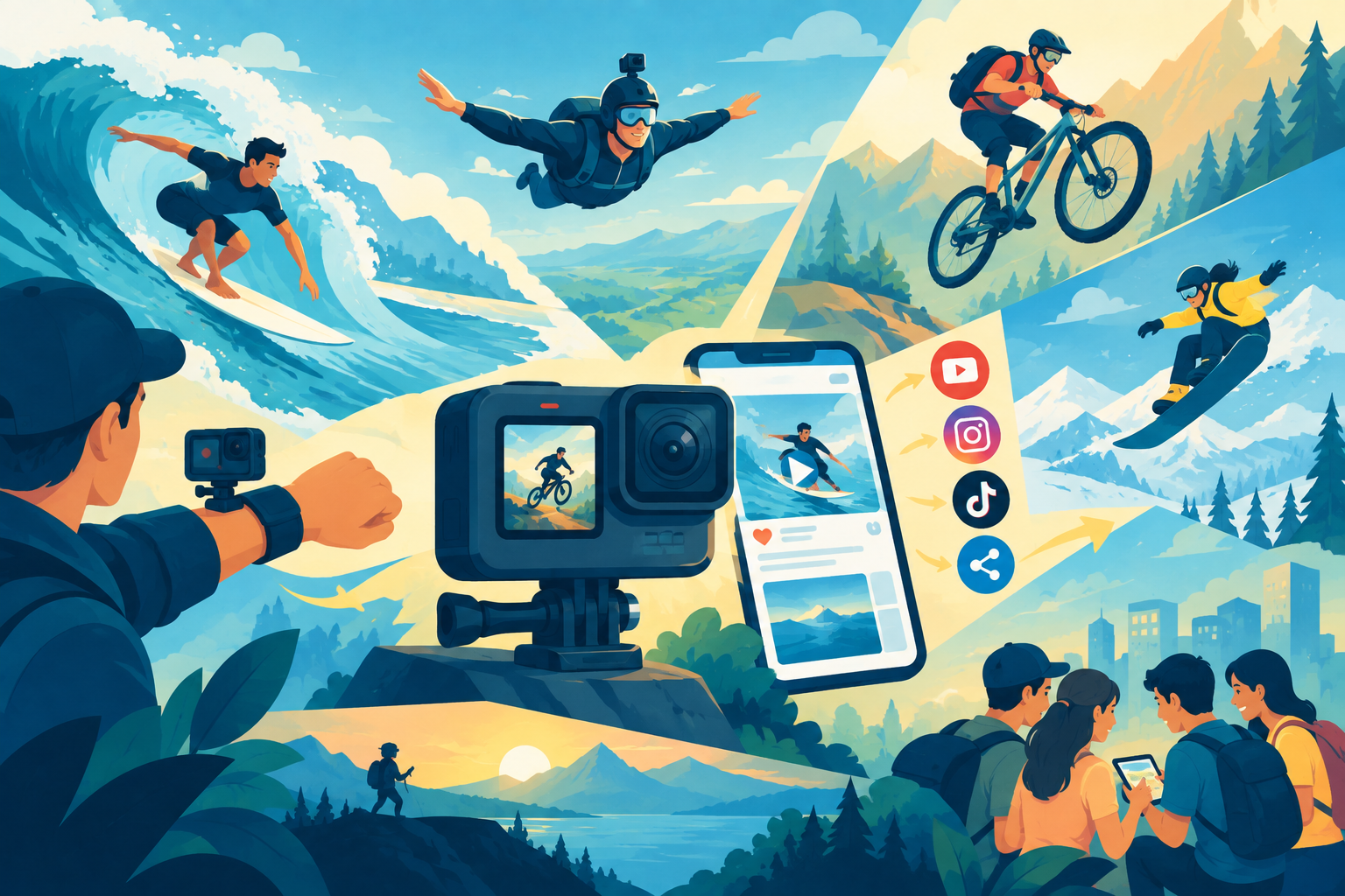 Illustration of a surfer riding a fast wave while recording with a wrist-mounted camera, representing authentic user content
