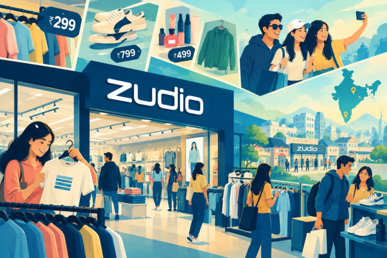 Shoppers browsing affordable, modern clothing inside a brightly lit Zudio store, representing successful value retail disruption