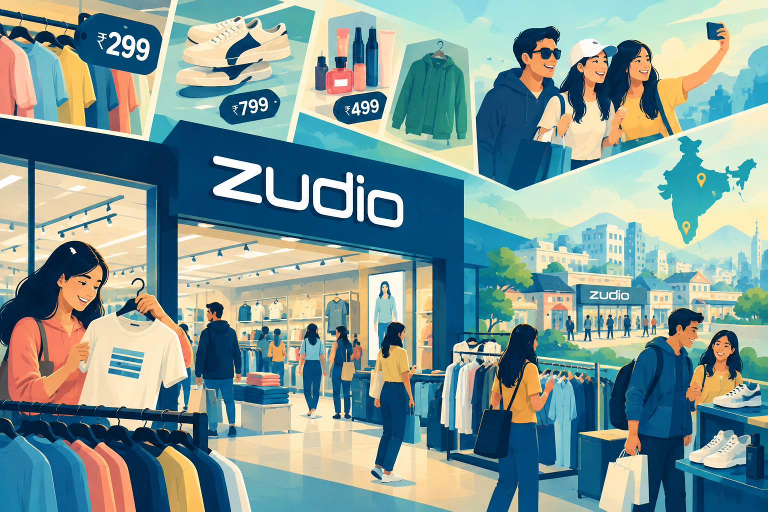 Shoppers browsing affordable, modern clothing inside a brightly lit Zudio store, representing successful value retail disruption