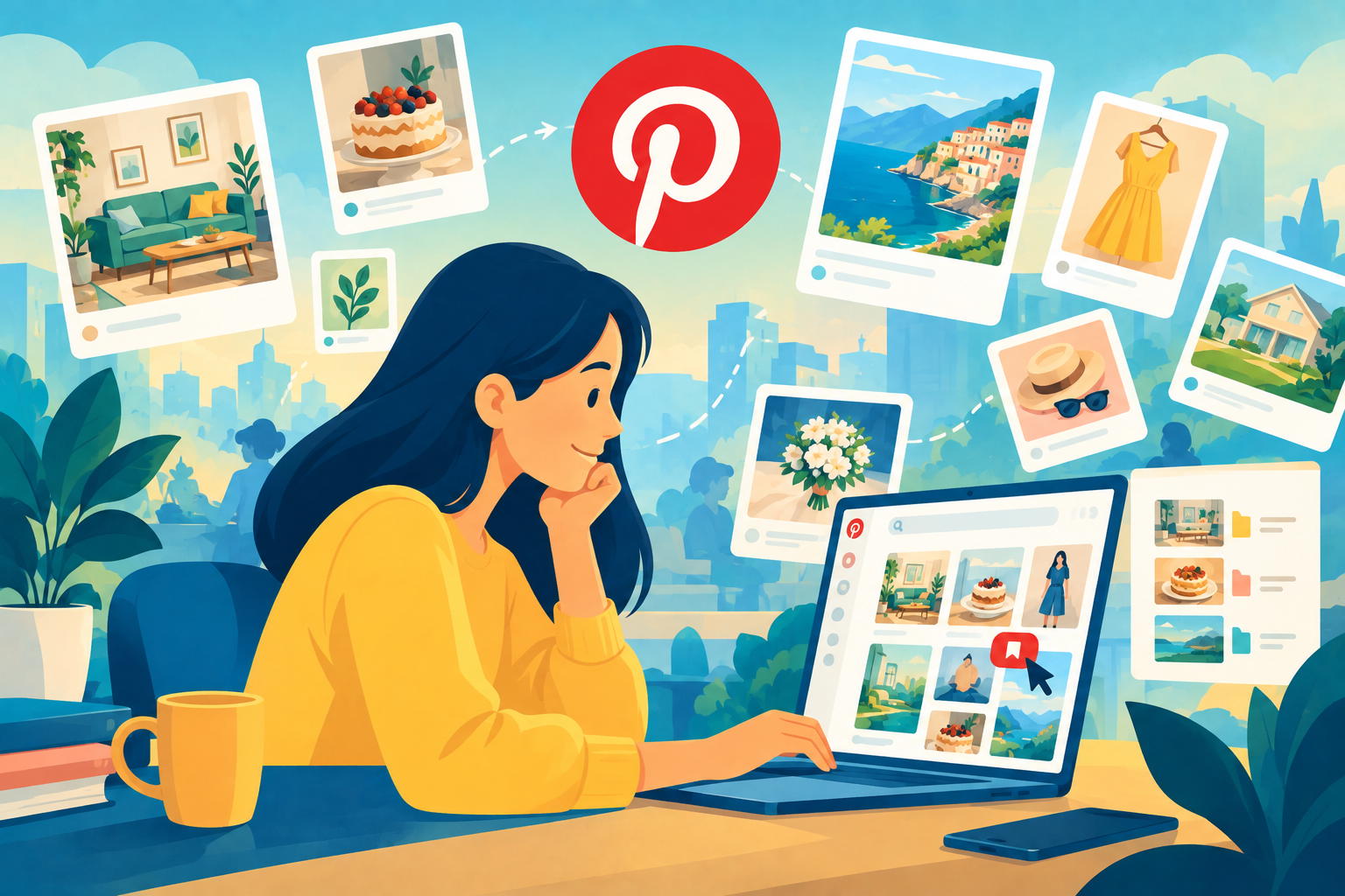 Illustration of a user scrolling a digital board and pinning a picture of a chocolate cake, representing visual discovery on Pinterest