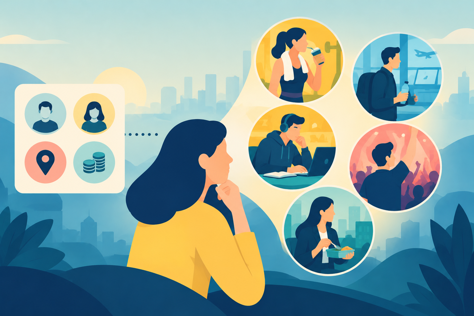 This illustration visually explains consumer context, showing how different daily situations shape individual needs and buying decisions.