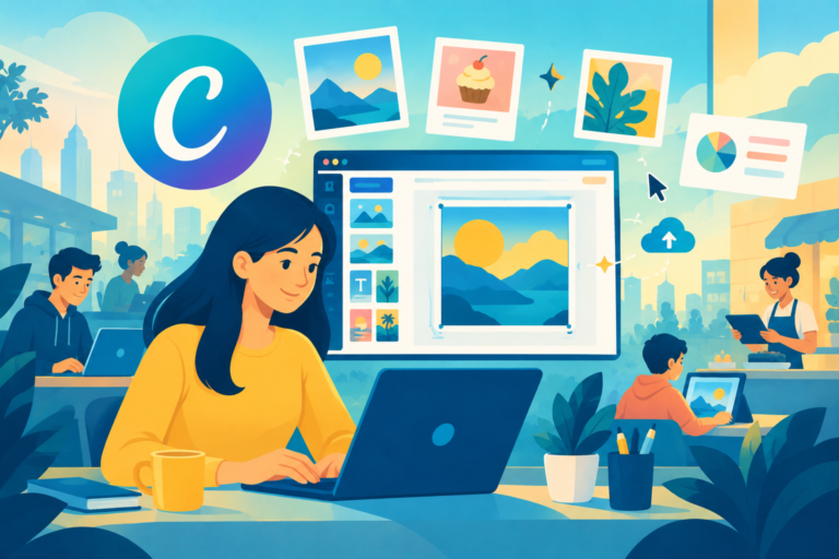 Illustration of a user easily dragging and dropping a template on a computer screen, representing design accessibility and the Canva user experience