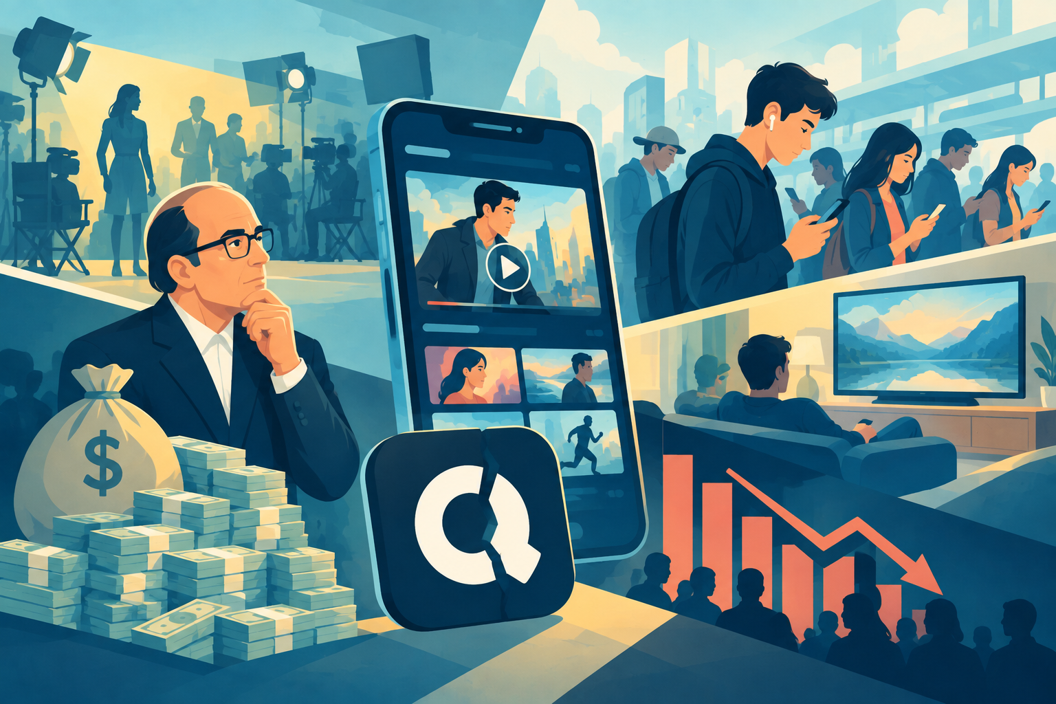 A mobile phone showing a locked video screen, representing the massive market failure of the Quibi app