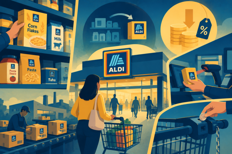 Illustration of an Aldi supermarket shelf filled with plain cardboard boxes and giant barcodes, representing the efficiency of private labels