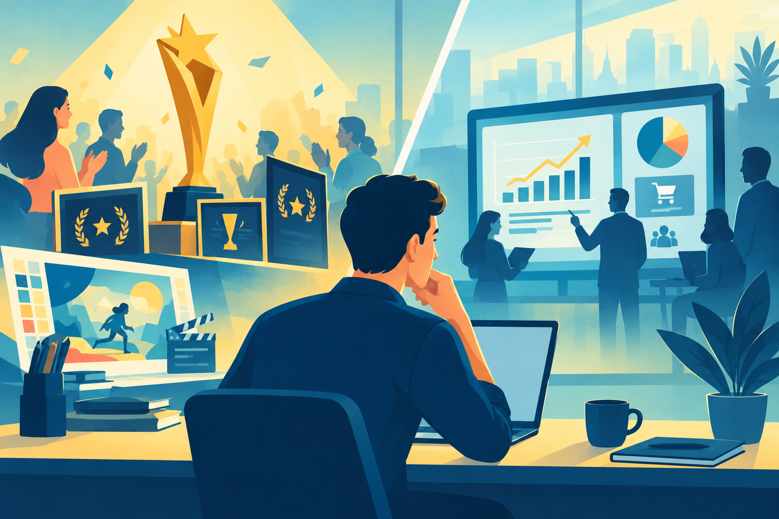 A futuristic digital analytics dashboard displaying live sports viewership curves and AI media planning data points
