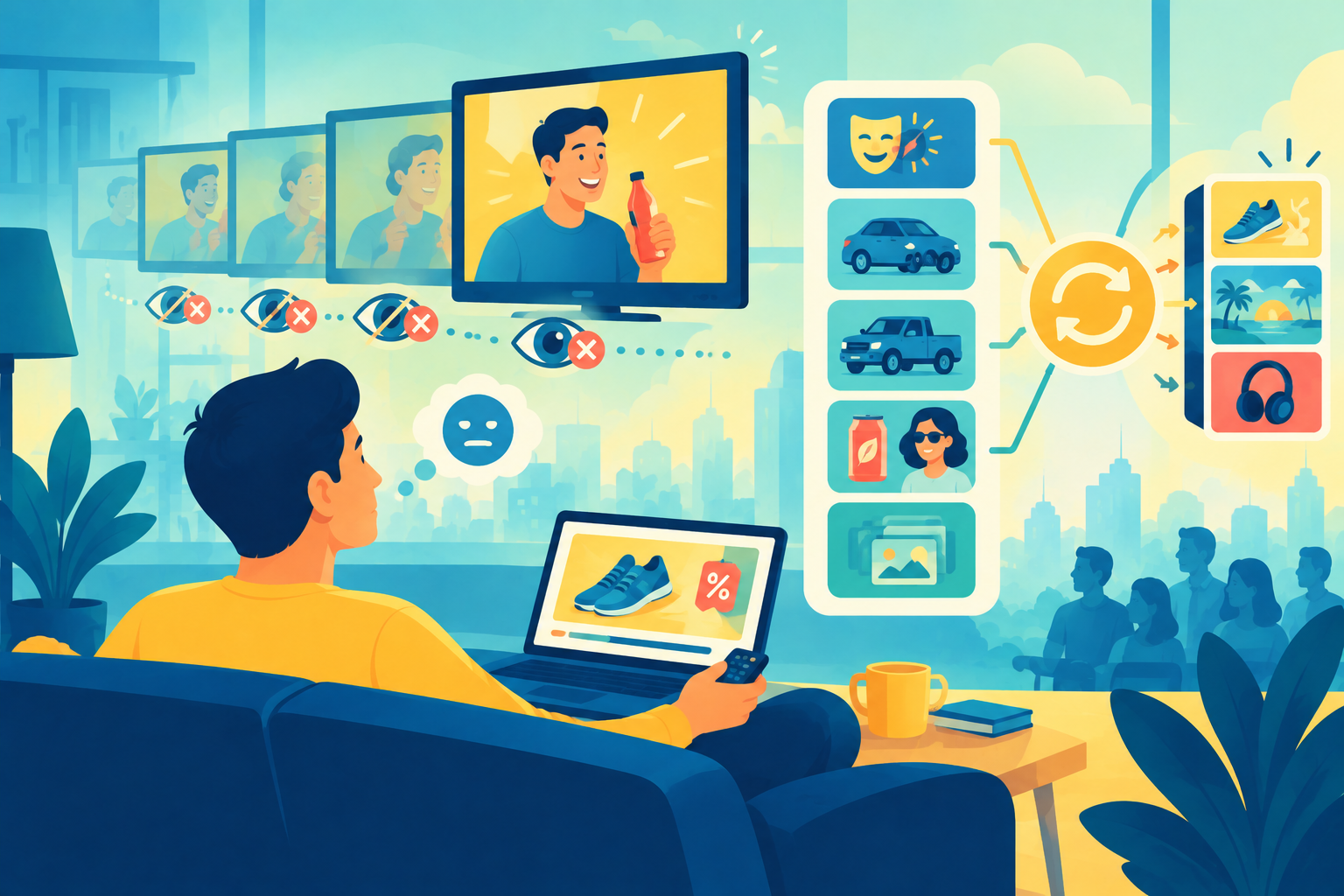 A viewer looking tired and clicking away from repetitive digital advertisements on a screen, representing advertising wear-out