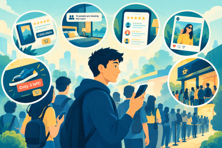 A crowded café line and rising popularity metrics on a digital screen, representing the power of the bandwagon effect