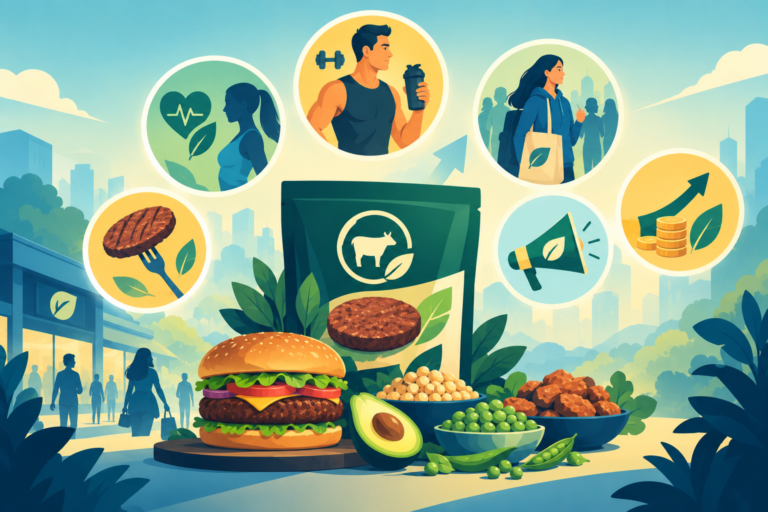 A package of high-protein plant-based burger patties featuring clean ingredients on a kitchen counter, representing Beyond Meat repositioning