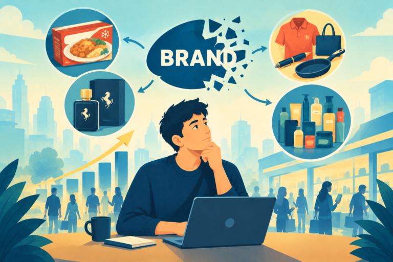 A corporate strategist examining a fractured brand architecture chart on a glass board, representing brand dilution