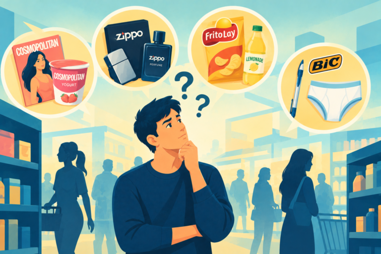 A confused shopper holding a mismatched product in a supermarket aisle, representing the risks of poorly planned brand extensions