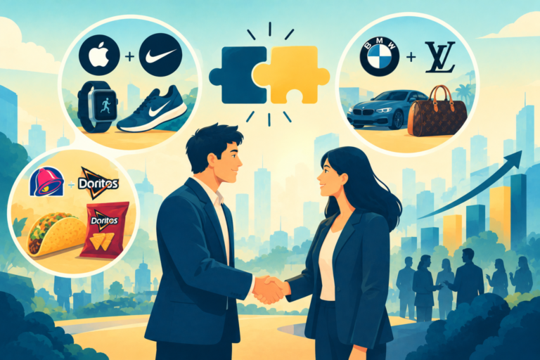 Two business executives shaking hands over a collaborative growth chart, representing successful brand partnerships