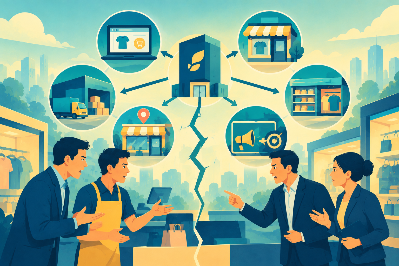 Two divergent retail pathways meeting at a crossroads, representing multi-channel distribution and channel conflict