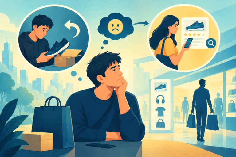 A dissatisfied online shopper looking thoughtfully at a returned package in a living room, representing consumer regret