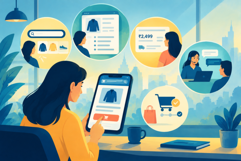 A streamlined mobile shopping interface with instant search and clear menus, representing low customer effort.