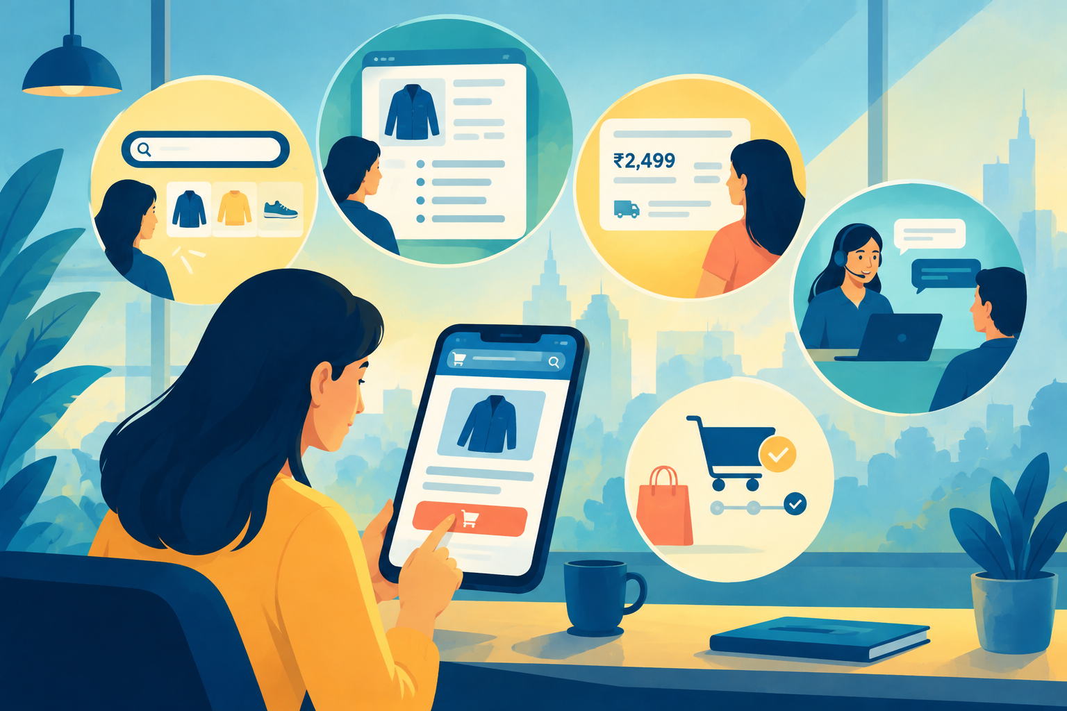 A streamlined mobile shopping interface with instant search and clear menus, representing low customer effort.