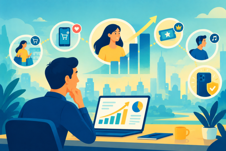 A marketer analyzing predictive long-term growth metrics on a sleek digital analytics dashboard