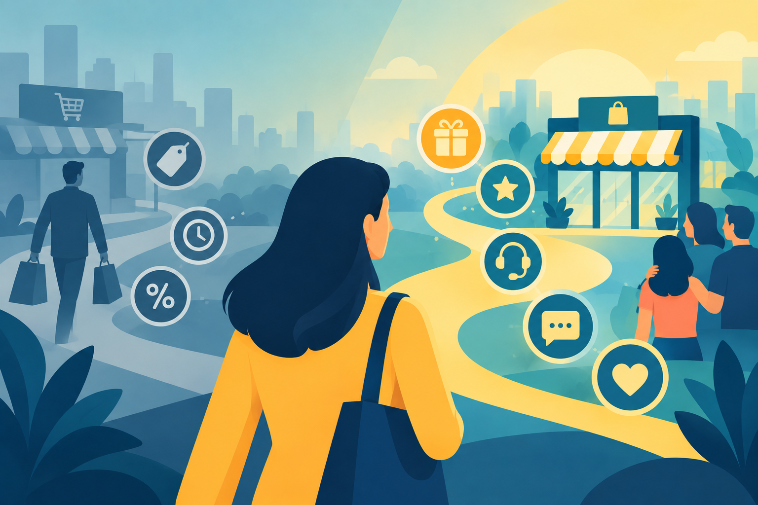 An illustration of a shopper choosing a path toward a welcoming store filled with loyalty icons, perfectly representing the power of customer retention