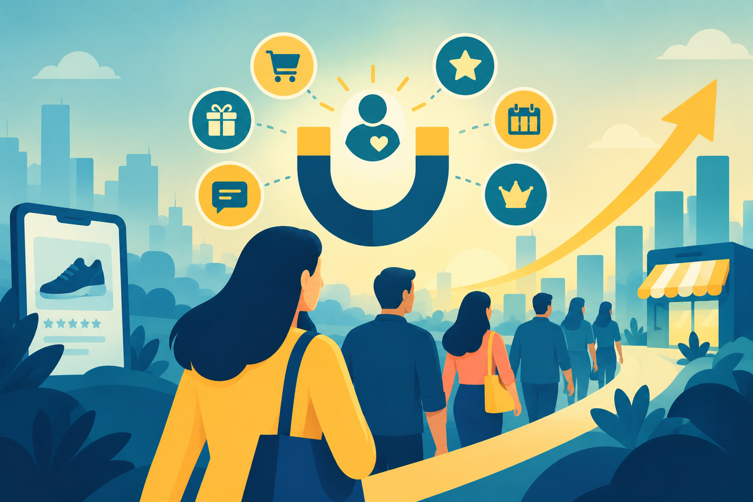 A business growth chart showing an upward trajectory fueled by customer retention strategies