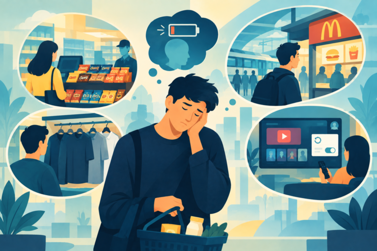 A tired shopper staring blankly at an overwhelming supermarket checkout display, representing the draining effects of decision fatigue