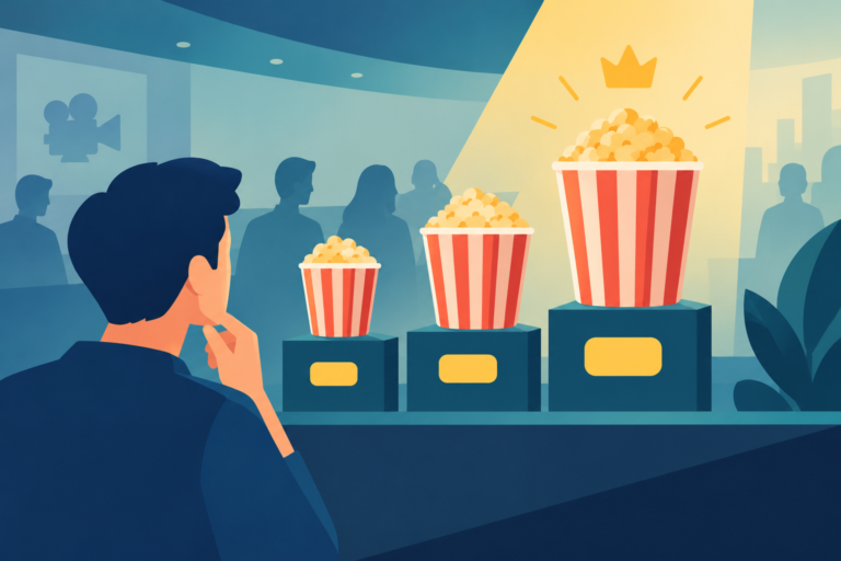 Three sizes of popcorn buckets side-by-side, representing the psychological pricing strategy of the decoy effect