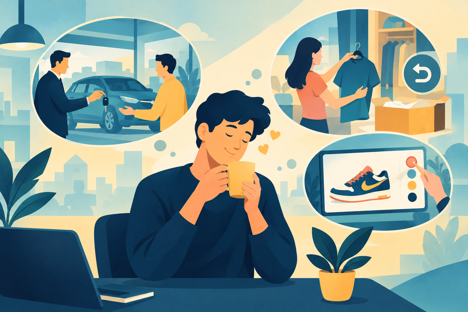 A customer holding car keys and happily looking at a new vehicle in their driveway, representing the powerful psychological pull of the endowment effect