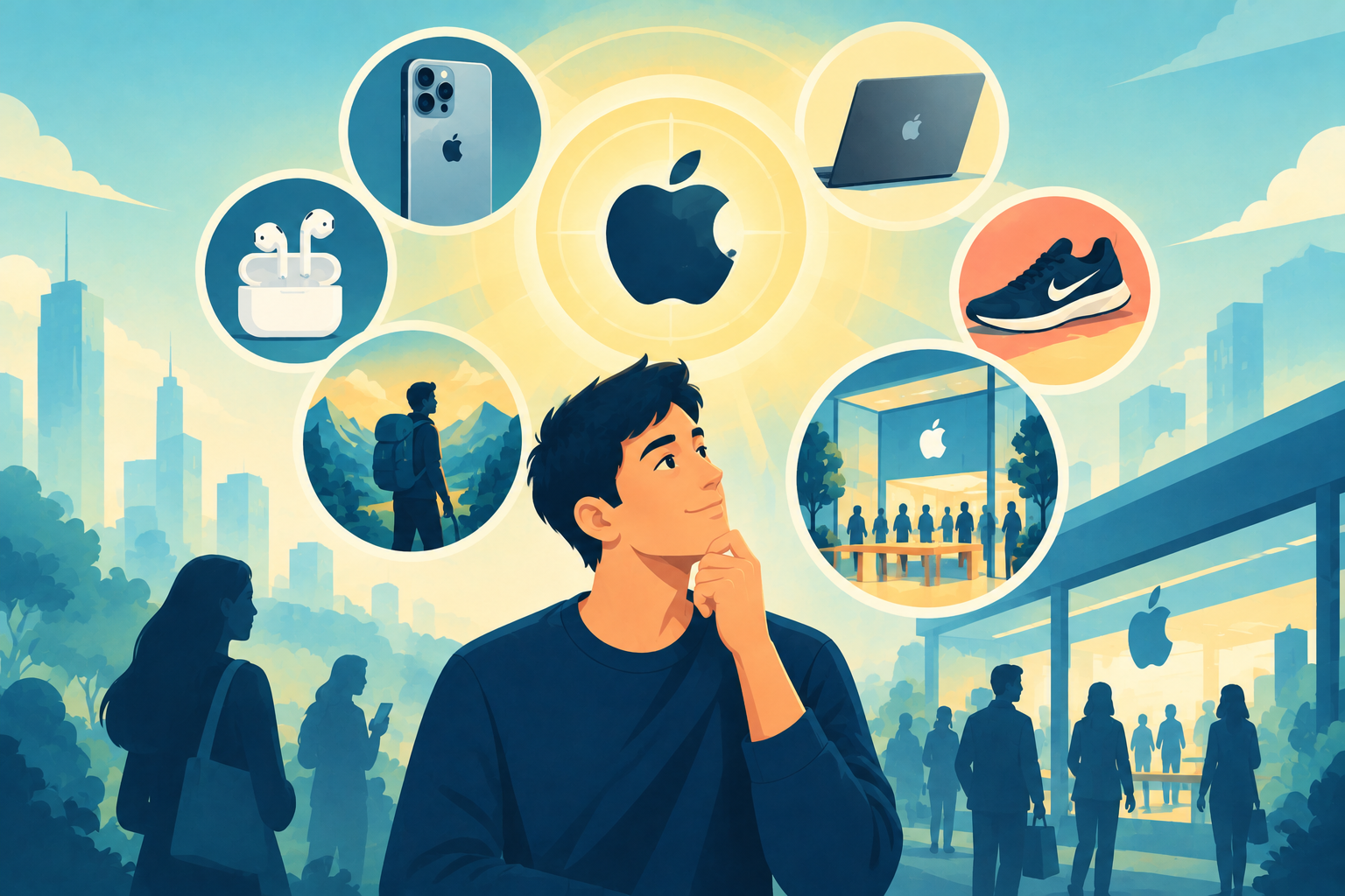 A glowing product silhouette casting a positive reflection across an entire retail ecosystem, representing the halo effect