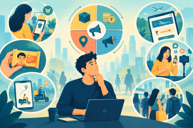 A modern business strategist balancing product, price, place, and promotion icons on a digital dashboard, representing the marketing mix