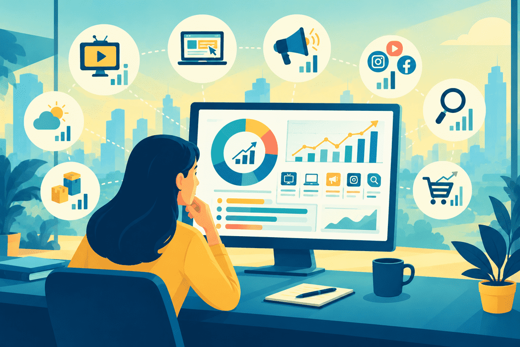 A complex data analytics dashboard displaying multi-channel advertising performance charts, representing marketing mix modelling.
