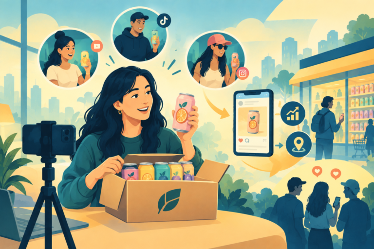 A bright, colorful PR package filled with beverage cans opened by an online creator, representing the Olipop influencer marketing strategy.