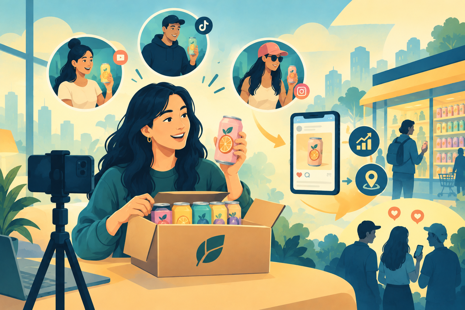 A bright, colorful PR package filled with beverage cans opened by an online creator, representing the Olipop influencer marketing strategy.