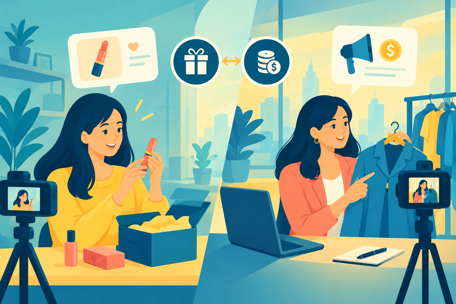 A sleek brand PR package opened on a desk by an online creator, representing effective product seeding strategy