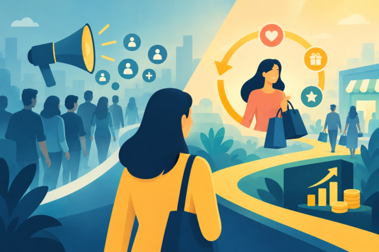 An illustration contrasting broad audience acquisition with a loyal shopper holding shopping bags under a glowing loop, highlighting the value of retention marketing.