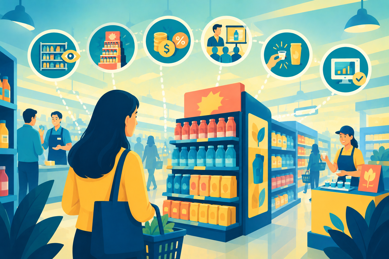 A crowded supermarket aisle with promotional cardboard display towers and eye-level product shelves, representing trade marketing