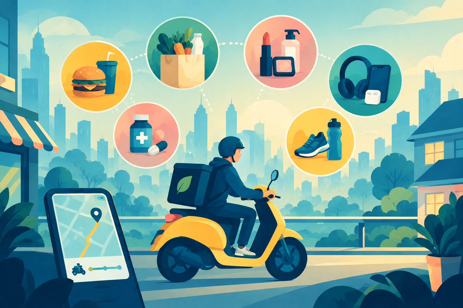 A courier delivering groceries and retail packages ordered through a mobile phone screen, representing Uber Eats expansion.