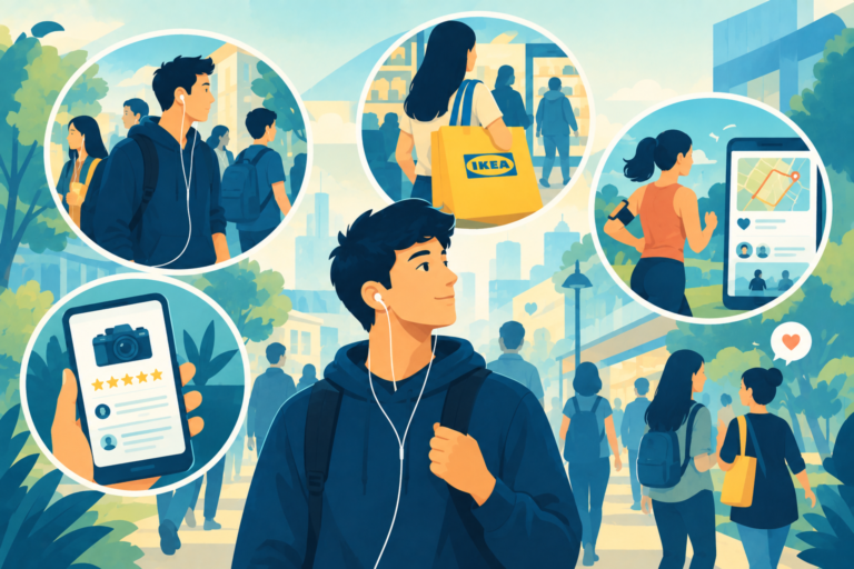 A sleek product design catching the eye of a commuter in a crowd, representing passive word of mouth marketing.